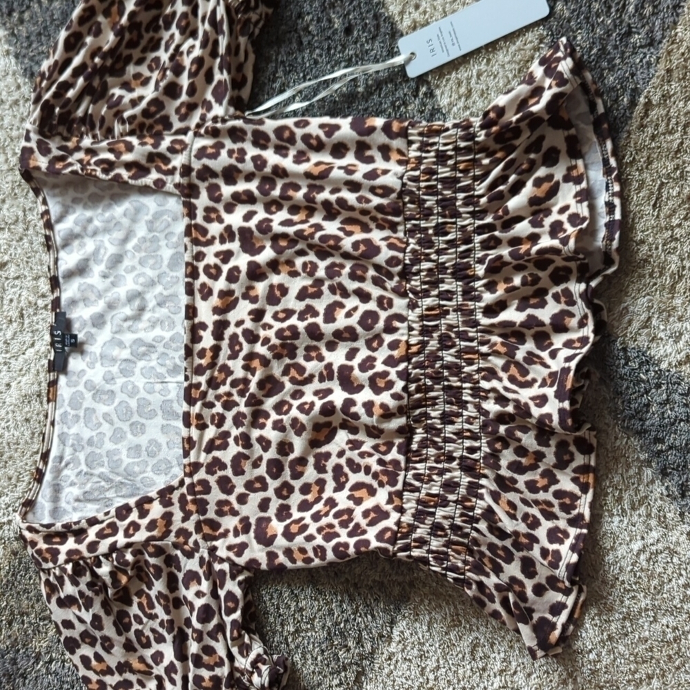 Animal Print Crop Top Soft Small NWT Square Neck Smocked Waist Flutter